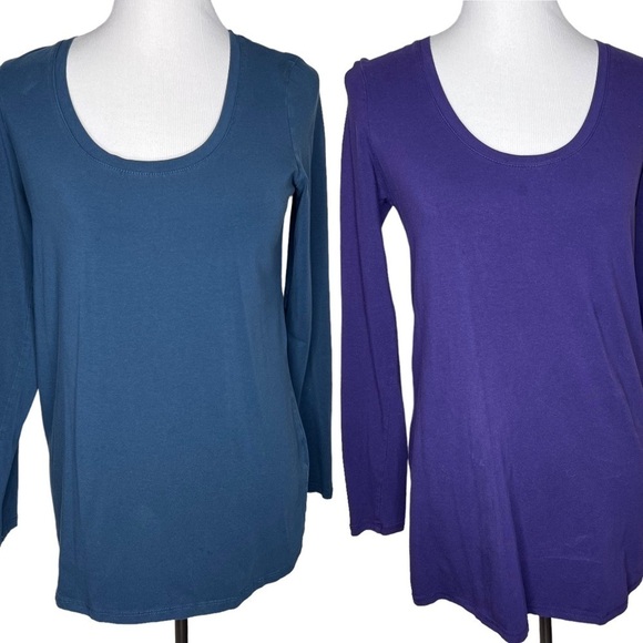 Bundle Motherhood Maternity Scoop Neck 3/4 Sleeve Tops Sz L Purple Teal Stretch - Picture 1 of 11